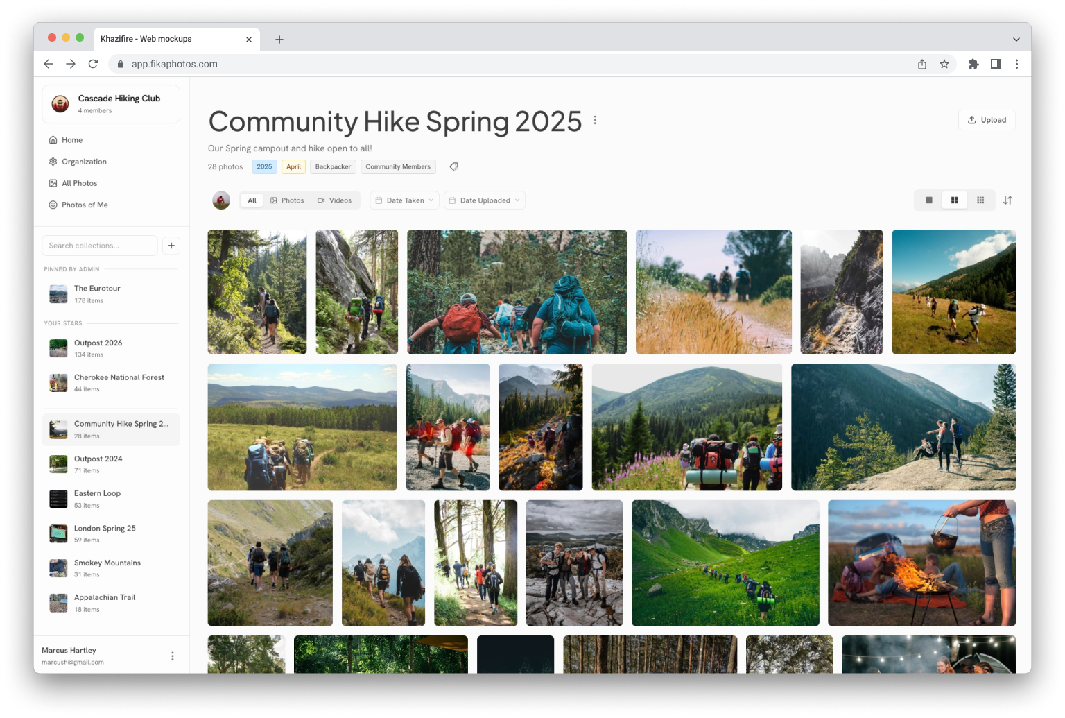 A collection in the Fika web app, showing a grid of photos and a sidebar with collection details