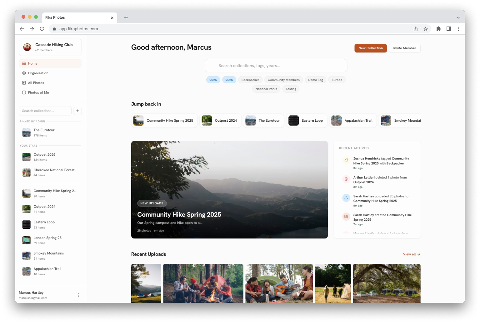 The Fika web app showing a group's home page with recent collections and uploads
