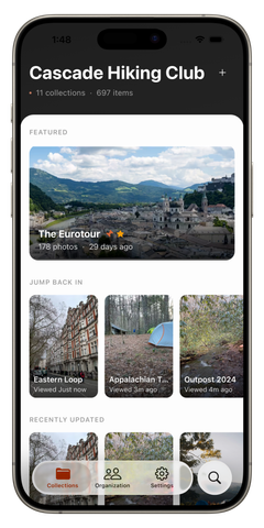The Fika mobile app home, showing a group's collections and recent activity