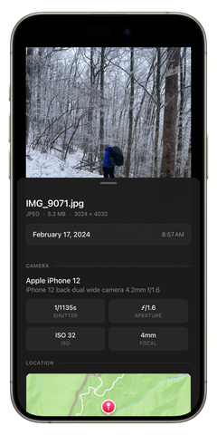 A photo's details in the Fika mobile app, showing date, camera, and location